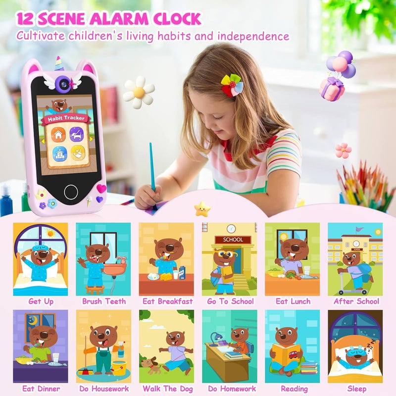 Yosfeng Kids Smart Phone for Girls Gifts - Toddler Christmas Birthday Gift for Age 3 4 5 6 Year Old, Kids Cell Phone Toy with Touchscreen, Dual Cameras, Learning, Kid Mp3 Player, Games with 32 GB Card - Image 3